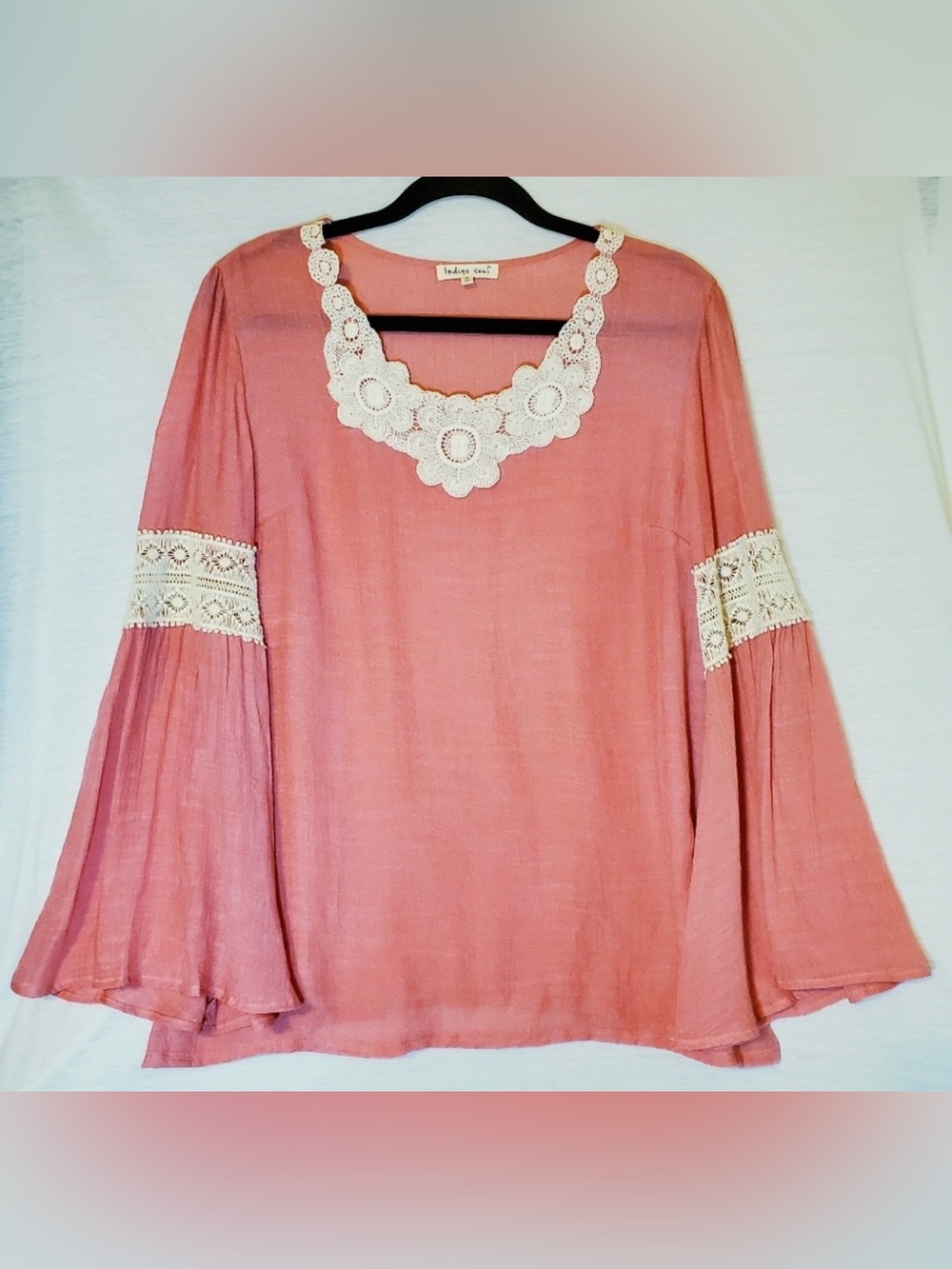 Indigo Soul Boho Pink Top with Crochet Lace Detailing L